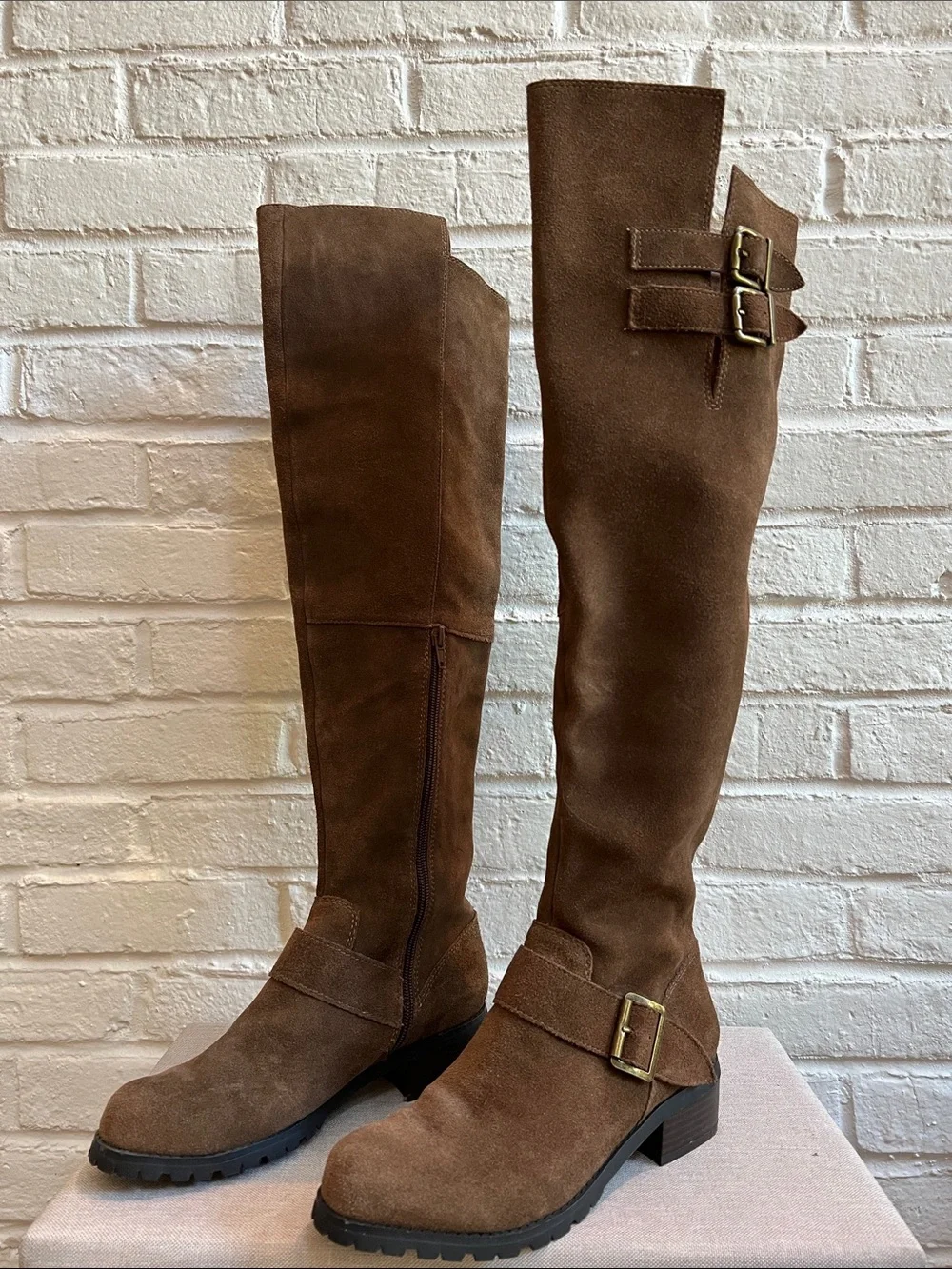 SOLE SOCIETY Brown Suede Over the Knee Lug Sole Low Heel Boots Buckles Size 6